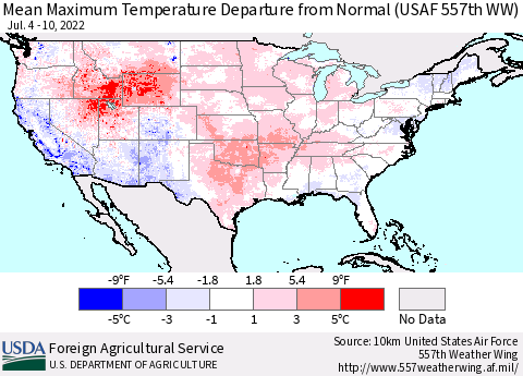 United States Mean Maximum Temperature Departure from Normal (USAF 557th WW) Thematic Map For 7/4/2022 - 7/10/2022