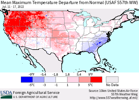 United States Mean Maximum Temperature Departure from Normal (USAF 557th WW) Thematic Map For 7/11/2022 - 7/17/2022