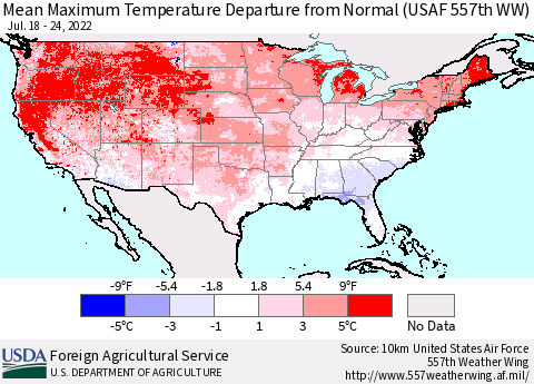United States Mean Maximum Temperature Departure from Normal (USAF 557th WW) Thematic Map For 7/18/2022 - 7/24/2022
