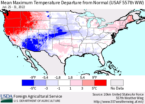 United States Maximum Temperature Departure From Normal (USAF 557th WW) Thematic Map For 7/25/2022 - 7/31/2022