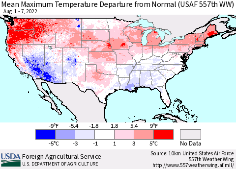 United States Mean Maximum Temperature Departure from Normal (USAF 557th WW) Thematic Map For 8/1/2022 - 8/7/2022