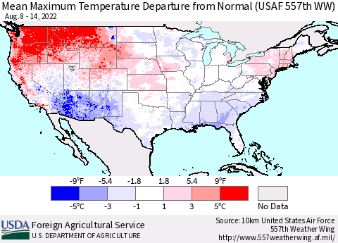 United States Mean Maximum Temperature Departure from Normal (USAF 557th WW) Thematic Map For 8/8/2022 - 8/14/2022