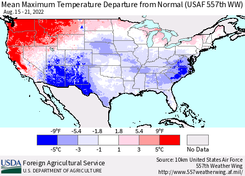 United States Mean Maximum Temperature Departure from Normal (USAF 557th WW) Thematic Map For 8/15/2022 - 8/21/2022