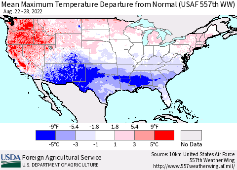 United States Mean Maximum Temperature Departure from Normal (USAF 557th WW) Thematic Map For 8/22/2022 - 8/28/2022