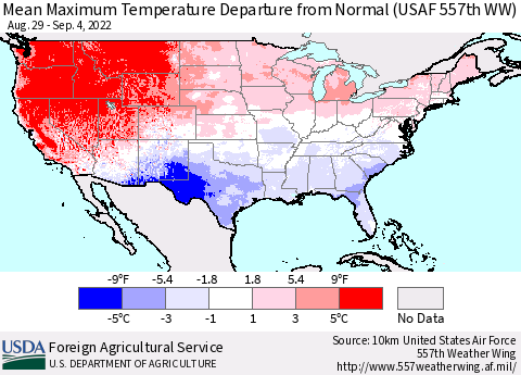 United States Mean Maximum Temperature Departure from Normal (USAF 557th WW) Thematic Map For 8/29/2022 - 9/4/2022