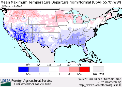 United States Mean Maximum Temperature Departure from Normal (USAF 557th WW) Thematic Map For 9/12/2022 - 9/18/2022