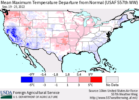 United States Mean Maximum Temperature Departure from Normal (USAF 557th WW) Thematic Map For 9/19/2022 - 9/25/2022