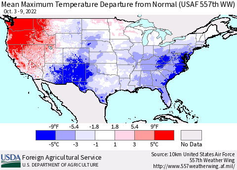 United States Mean Maximum Temperature Departure from Normal (USAF 557th WW) Thematic Map For 10/3/2022 - 10/9/2022