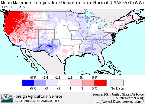 United States Mean Maximum Temperature Departure from Normal (USAF 557th WW) Thematic Map For 10/10/2022 - 10/16/2022