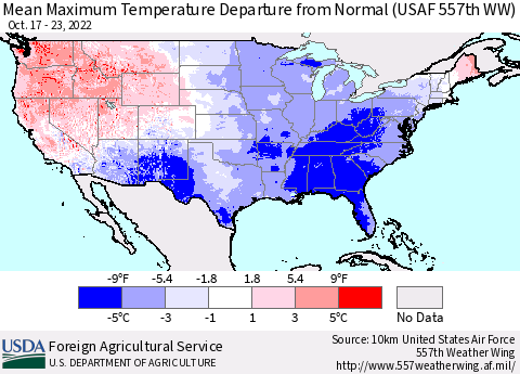 United States Mean Maximum Temperature Departure from Normal (USAF 557th WW) Thematic Map For 10/17/2022 - 10/23/2022