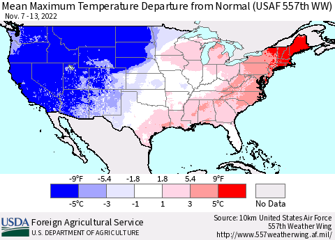United States Mean Maximum Temperature Departure from Normal (USAF 557th WW) Thematic Map For 11/7/2022 - 11/13/2022