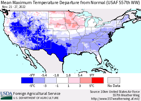 United States Mean Maximum Temperature Departure from Normal (USAF 557th WW) Thematic Map For 11/21/2022 - 11/27/2022