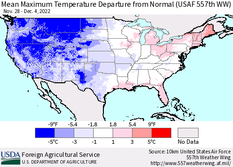 United States Mean Maximum Temperature Departure from Normal (USAF 557th WW) Thematic Map For 11/28/2022 - 12/4/2022