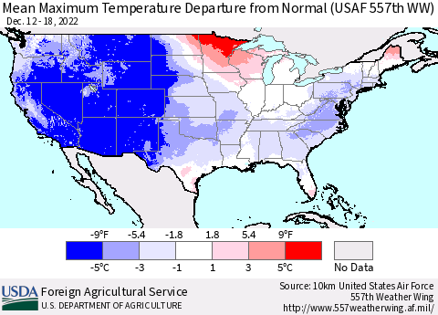 United States Mean Maximum Temperature Departure from Normal (USAF 557th WW) Thematic Map For 12/12/2022 - 12/18/2022
