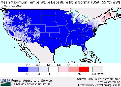 United States Mean Maximum Temperature Departure from Normal (USAF 557th WW) Thematic Map For 12/19/2022 - 12/25/2022