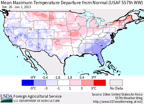 United States Mean Maximum Temperature Departure from Normal (USAF 557th WW) Thematic Map For 12/26/2022 - 1/1/2023