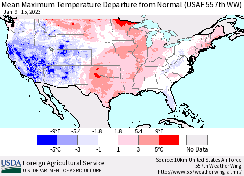 United States Mean Maximum Temperature Departure from Normal (USAF 557th WW) Thematic Map For 1/9/2023 - 1/15/2023