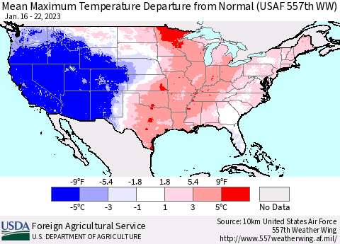 United States Mean Maximum Temperature Departure from Normal (USAF 557th WW) Thematic Map For 1/16/2023 - 1/22/2023