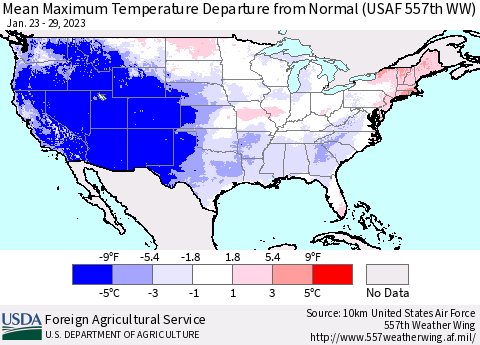 United States Mean Maximum Temperature Departure from Normal (USAF 557th WW) Thematic Map For 1/23/2023 - 1/29/2023