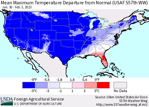 United States Mean Maximum Temperature Departure from Normal (USAF 557th WW) Thematic Map For 1/30/2023 - 2/5/2023