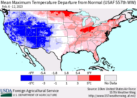 United States Mean Maximum Temperature Departure from Normal (USAF 557th WW) Thematic Map For 2/6/2023 - 2/12/2023