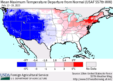 United States Mean Maximum Temperature Departure from Normal (USAF 557th WW) Thematic Map For 2/13/2023 - 2/19/2023