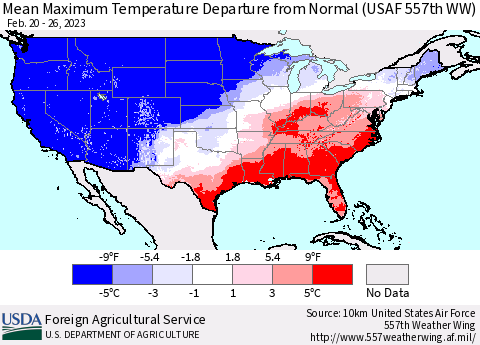 United States Mean Maximum Temperature Departure from Normal (USAF 557th WW) Thematic Map For 2/20/2023 - 2/26/2023