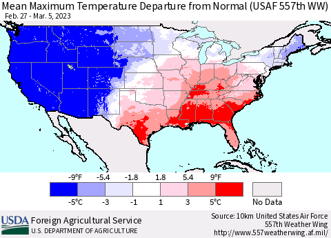 United States Mean Maximum Temperature Departure from Normal (USAF 557th WW) Thematic Map For 2/27/2023 - 3/5/2023