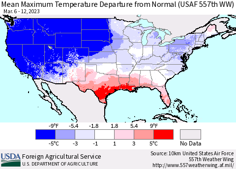 United States Mean Maximum Temperature Departure from Normal (USAF 557th WW) Thematic Map For 3/6/2023 - 3/12/2023