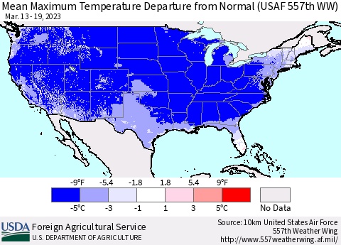 United States Mean Maximum Temperature Departure from Normal (USAF 557th WW) Thematic Map For 3/13/2023 - 3/19/2023