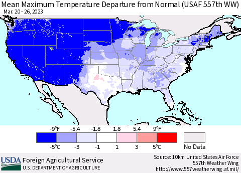 United States Mean Maximum Temperature Departure from Normal (USAF 557th WW) Thematic Map For 3/20/2023 - 3/26/2023