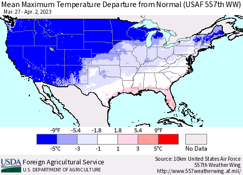 United States Mean Maximum Temperature Departure from Normal (USAF 557th WW) Thematic Map For 3/27/2023 - 4/2/2023