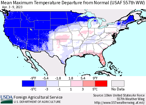 United States Mean Maximum Temperature Departure from Normal (USAF 557th WW) Thematic Map For 4/3/2023 - 4/9/2023
