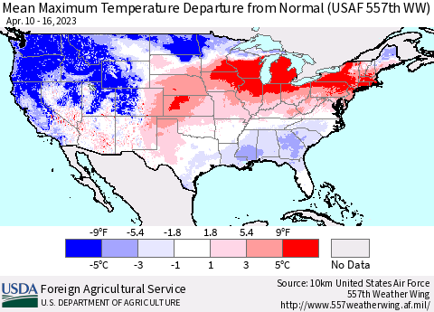 United States Mean Maximum Temperature Departure from Normal (USAF 557th WW) Thematic Map For 4/10/2023 - 4/16/2023