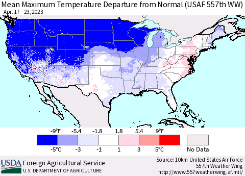 United States Mean Maximum Temperature Departure from Normal (USAF 557th WW) Thematic Map For 4/17/2023 - 4/23/2023