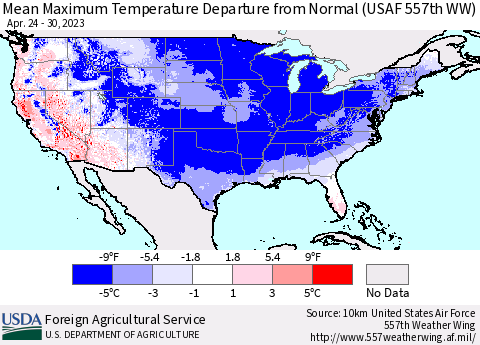 United States Mean Maximum Temperature Departure from Normal (USAF 557th WW) Thematic Map For 4/24/2023 - 4/30/2023
