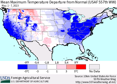 United States Mean Maximum Temperature Departure from Normal (USAF 557th WW) Thematic Map For 5/1/2023 - 5/7/2023