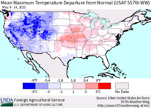 United States Mean Maximum Temperature Departure from Normal (USAF 557th WW) Thematic Map For 5/8/2023 - 5/14/2023