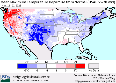 United States Mean Maximum Temperature Departure from Normal (USAF 557th WW) Thematic Map For 5/15/2023 - 5/21/2023