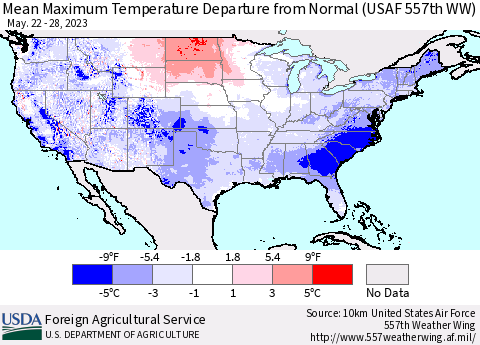 United States Mean Maximum Temperature Departure from Normal (USAF 557th WW) Thematic Map For 5/22/2023 - 5/28/2023