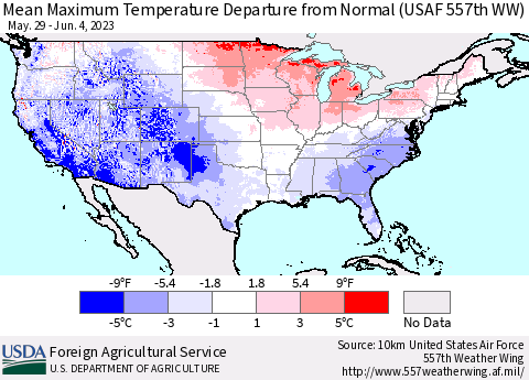 United States Mean Maximum Temperature Departure from Normal (USAF 557th WW) Thematic Map For 5/29/2023 - 6/4/2023