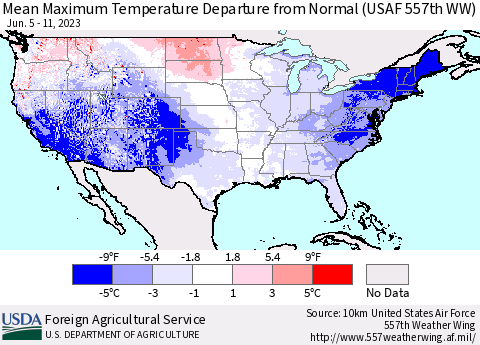 United States Mean Maximum Temperature Departure from Normal (USAF 557th WW) Thematic Map For 6/5/2023 - 6/11/2023