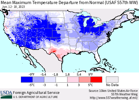 United States Mean Maximum Temperature Departure from Normal (USAF 557th WW) Thematic Map For 6/12/2023 - 6/18/2023