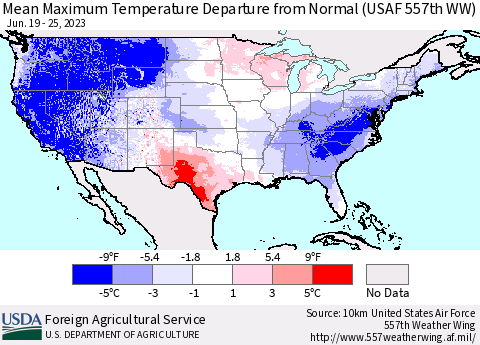 United States Mean Maximum Temperature Departure from Normal (USAF 557th WW) Thematic Map For 6/19/2023 - 6/25/2023