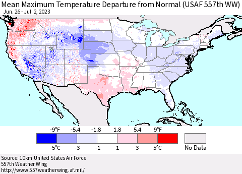 United States Mean Maximum Temperature Departure from Normal (USAF 557th WW) Thematic Map For 6/26/2023 - 7/2/2023