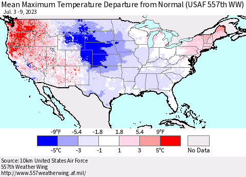 United States Mean Maximum Temperature Departure from Normal (USAF 557th WW) Thematic Map For 7/3/2023 - 7/9/2023
