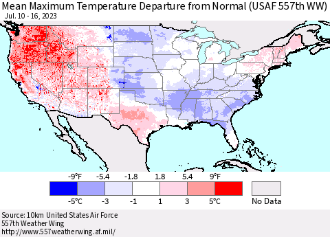 United States Mean Maximum Temperature Departure from Normal (USAF 557th WW) Thematic Map For 7/10/2023 - 7/16/2023