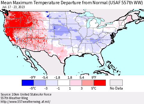 United States Mean Maximum Temperature Departure from Normal (USAF 557th WW) Thematic Map For 7/17/2023 - 7/23/2023