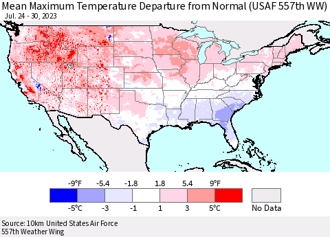 United States Mean Maximum Temperature Departure from Normal (USAF 557th WW) Thematic Map For 7/24/2023 - 7/30/2023