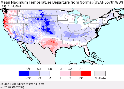 United States Mean Maximum Temperature Departure from Normal (USAF 557th WW) Thematic Map For 8/7/2023 - 8/13/2023